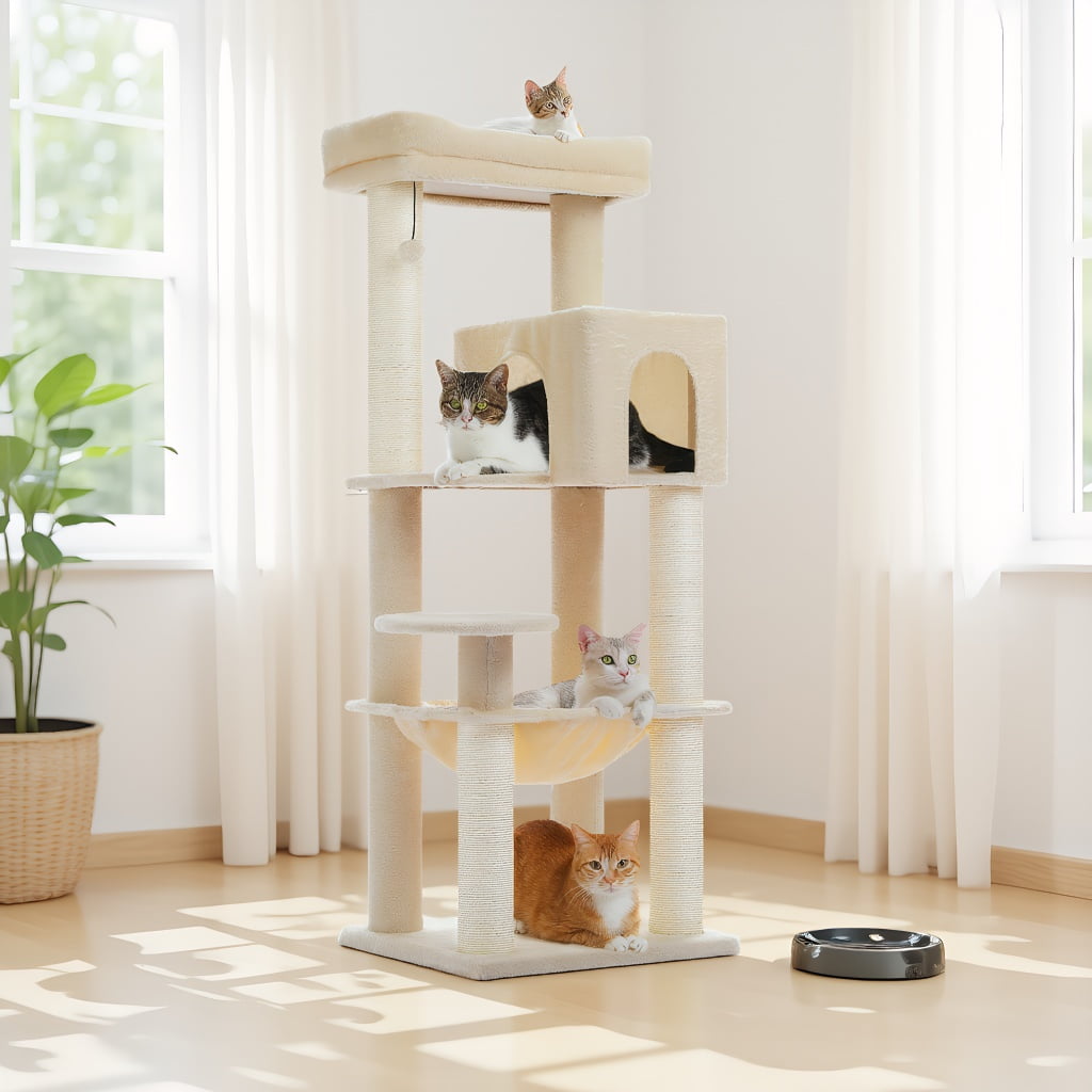 Pefilos 57" Cat Tree Tower for Indoor Cats, 5-Level Cat Condo with Large Hammock, Big Top Perch and 4 Sisal Covered Scratching Pos, Beige
