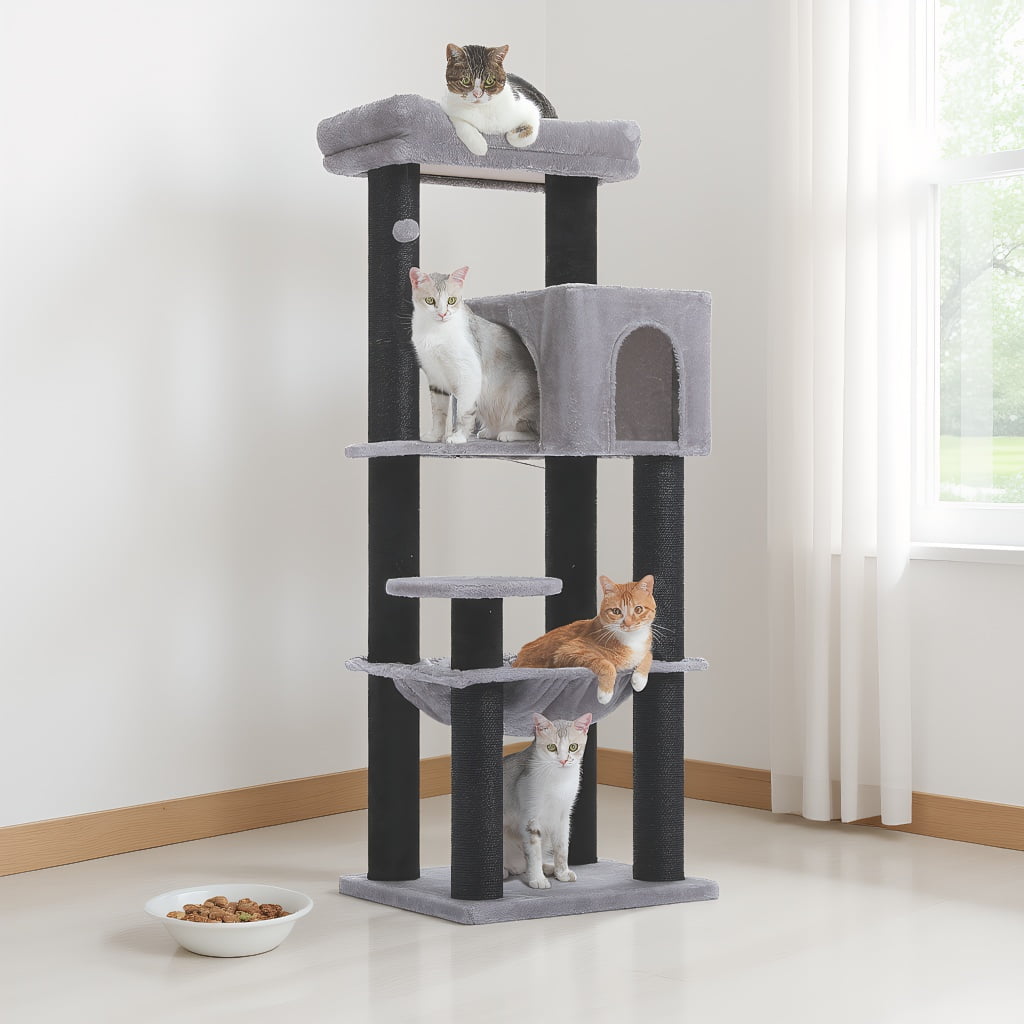 Pefilos 57" Cat Tree Tower for Indoor Cats, 5-Level Cat Condo with Large Hammock, Big Top Perch and 4 Sisal Covered Scratching Pos, Black