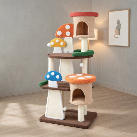 Pefilos 57" Cat Tree Tower with Sisal-Covered Scratching Post, 4-In-1 Mushroom Cat Condo with Padded Perch, for Small Spaces, Kittens, Multicolor