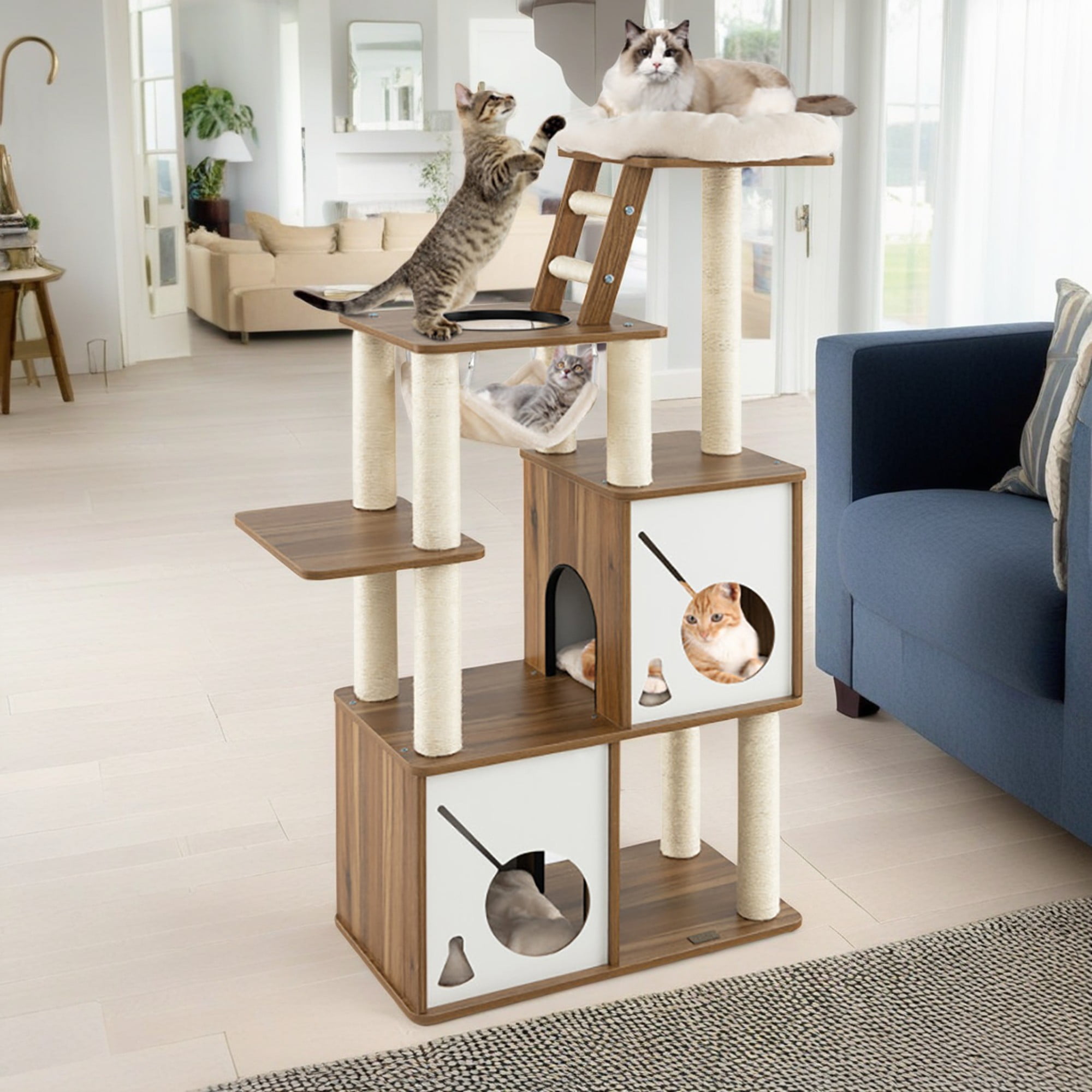 Pefilos 57" Large Wooden Cat Tree Tower with Double Condos, Large Perch, Soft Hammock and Totally Wrapped Sisal Posts, Brown Pefilos 57" Large Wooden Cat Tree Tower with Double Condos, Large Perch, Soft Hammock and Totally Wrapped Sisal Posts, Brown