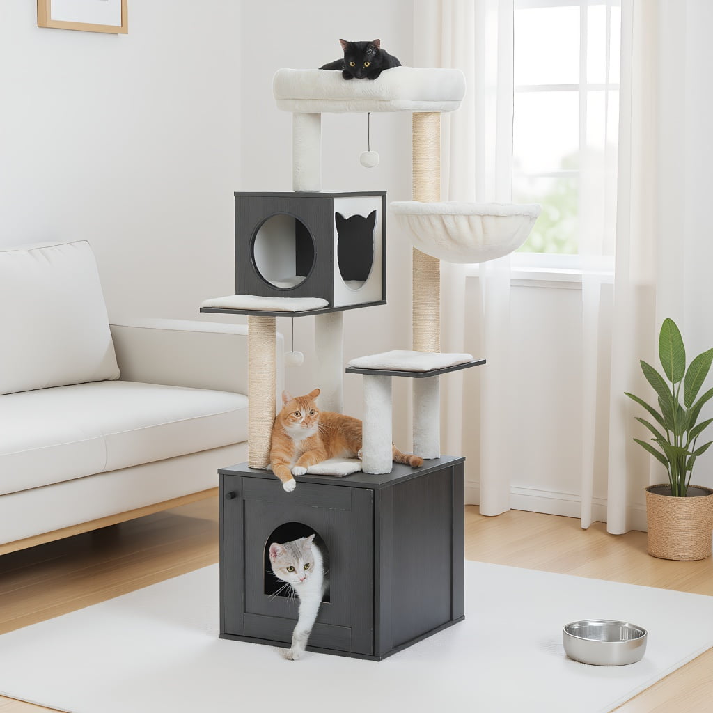 Pefilos 57" Modern Wood Cat Tree for Indoor with Litter Box Enclosure and Cat Condo, Large Cat Tree Tower with Sisal Covered Scratching Post, Black