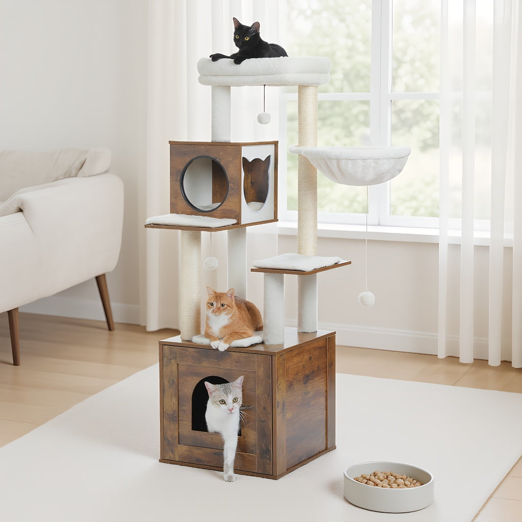 Pefilos 57" Modern Wood Cat Tree for Indoor with Litter Box Enclosure and Cat Condo, Large Cat Tree Tower with Sisal Covered Scratching Post, Brown