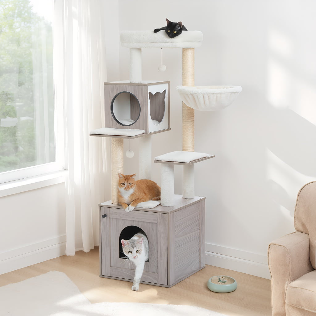 Pefilos 57" Modern Wood Cat Tree for Indoor with Litter Box Enclosure and Cat Condo, Large Cat Tree Tower with Sisal Covered Scratching Post, Gray