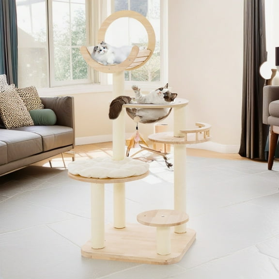 Pefilos 57" Wood Cat Tree Tower for Indoor Cats, Multi-Level Cat Condo with Scratching Posts, Perch, Washable Removable Cushions, 4-in-1 Cat Furniture, Beige