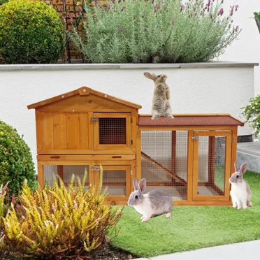 Pefilos 57" Wood Rabbit House for Outdoor, Indoor Rabbit Cage Large Bunny Hutch, Brown