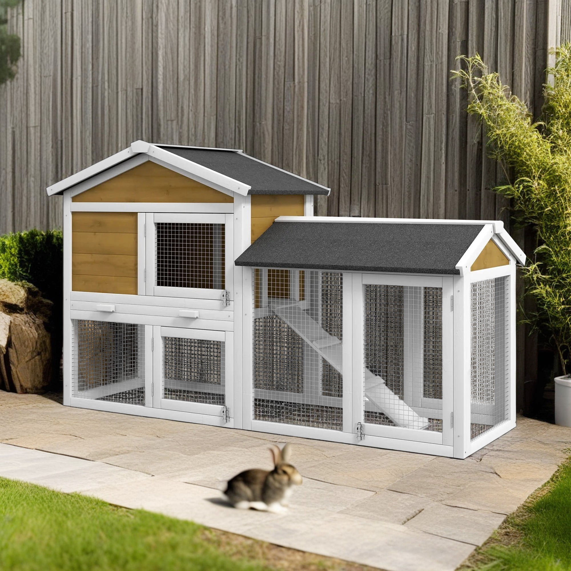 Pefilos 58" 2-Layer Wooden Rabbit Hutch with Run, Removable Tray, Large Outdoor/Indoor Bunny House, Small Animal House Pet Cage, Brown