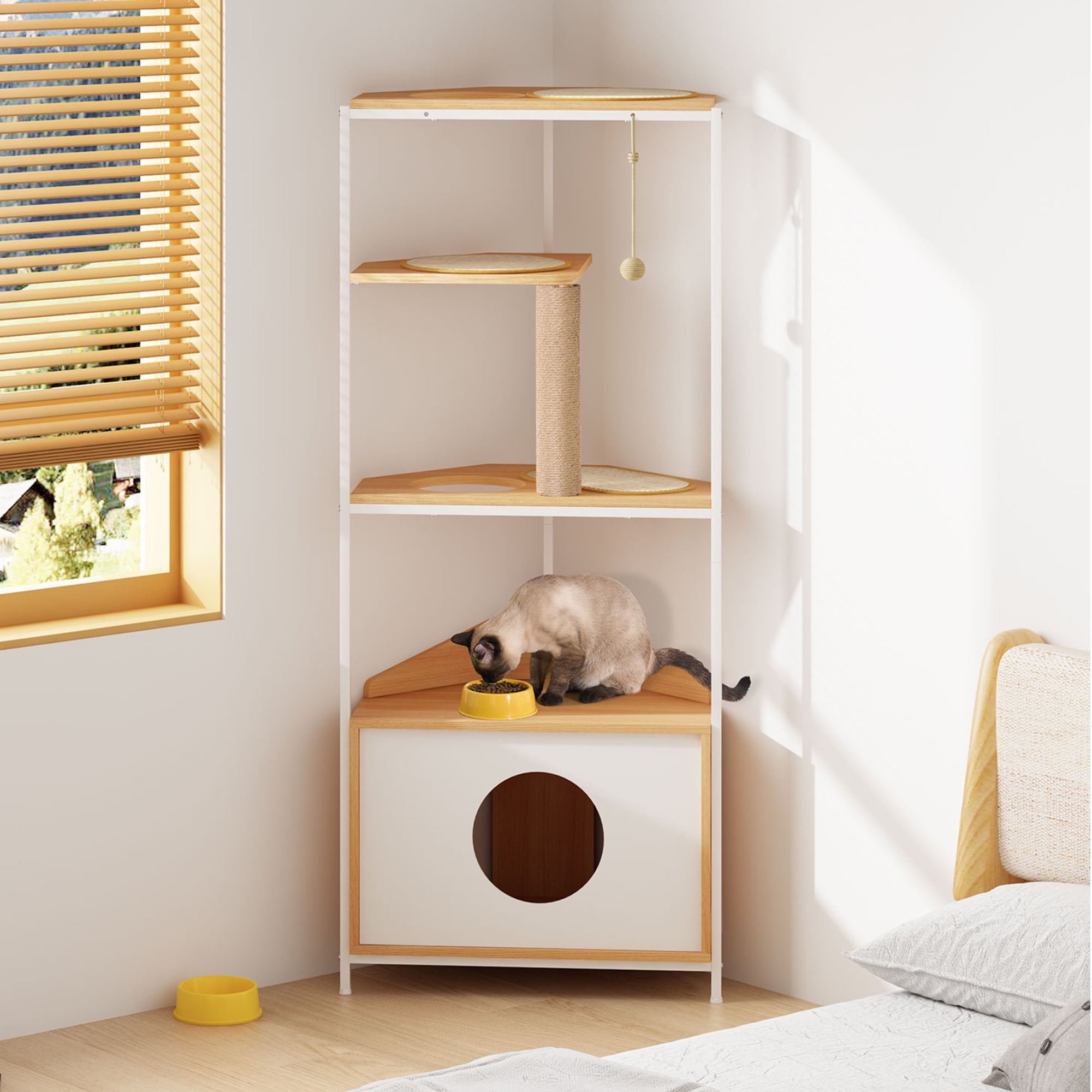 Pefilos 58" Cat House for Indoor Cats with Feeding Station and Climbing Platforms, Corner Cat Tree Tower, Cat Condo Furniture with Scratching Post, Beige Pefilos 58" Cat House for Indoor Cats with Feeding Station and Climbing Platforms, Corner Cat Tree Tower, Cat Condo Furniture with Scratching Post, Beige