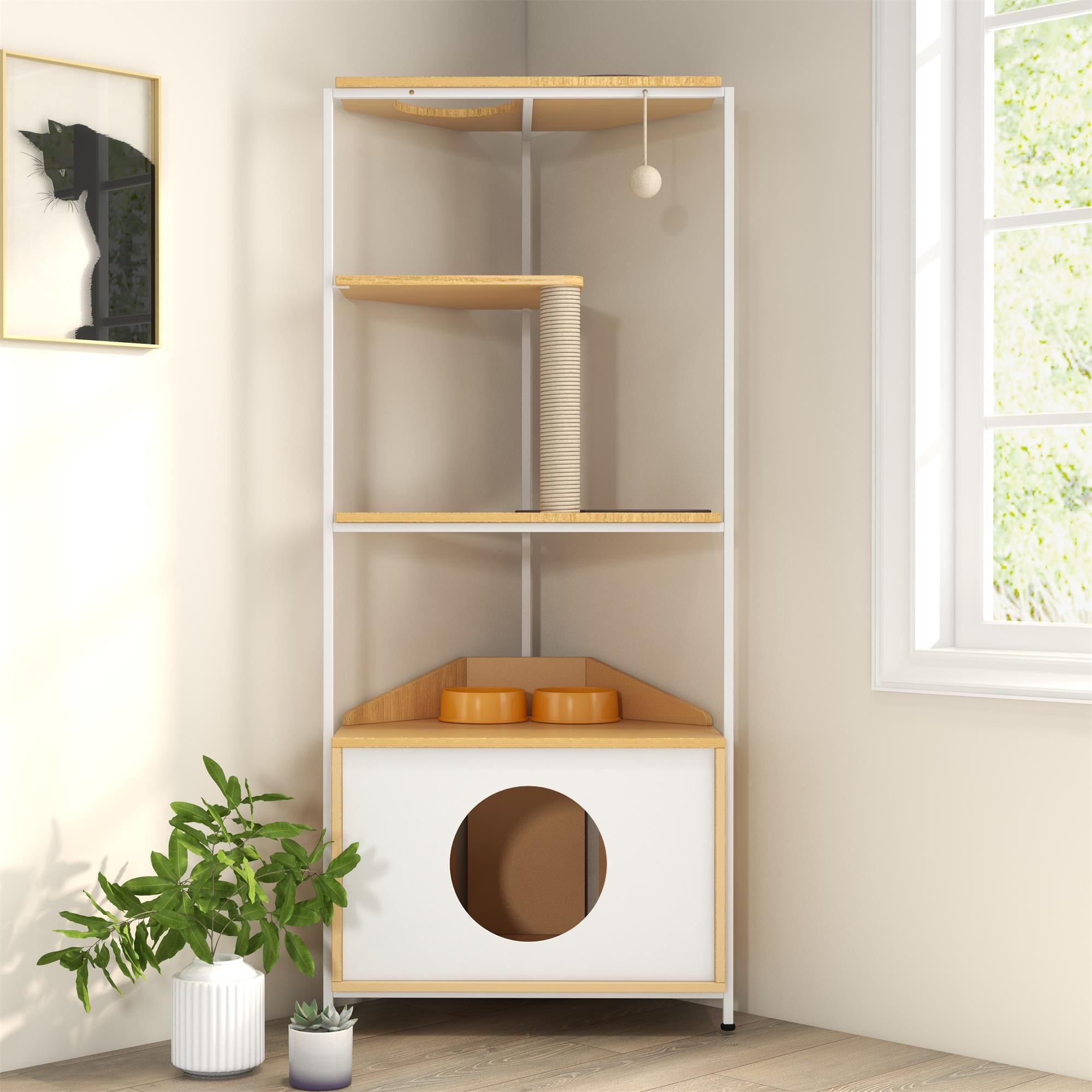 Pefilos 58" Cat House for Indoor Cats with Feeding Station and Climbing Platforms, Corner Cat Tree Tower, Cat Condo Furniture, Beige Pefilos 58" Cat House for Indoor Cats with Feeding Station and Climbing Platforms, Corner Cat Tree Tower, Cat Condo Furniture, Beige