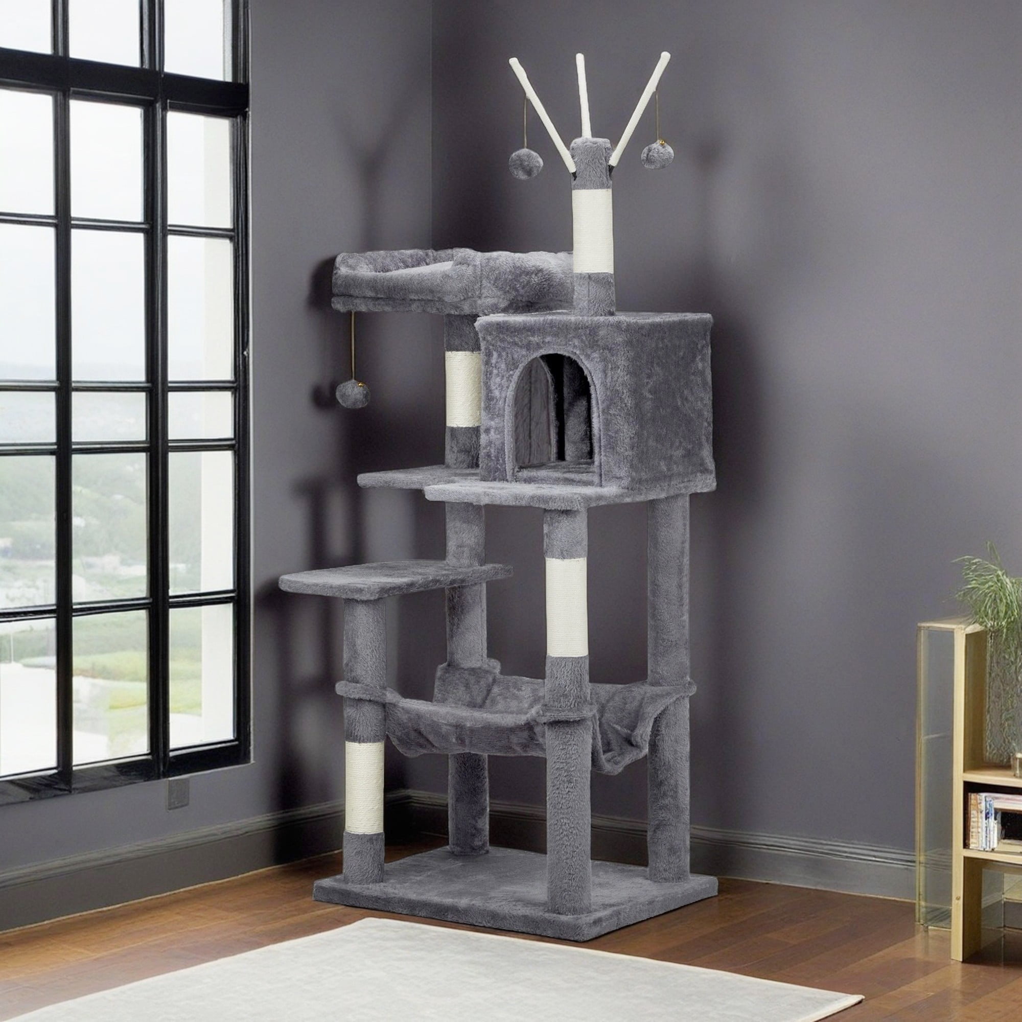 Pefilos 58" Cat Tree Tower for Indoor Cats, Cat House with Padded Platform Bed, Toy Balls, Large Cozy Condo, Hammocks and Sisal Scratching Posts, Dark Gray Pefilos 58" Cat Tree Tower for Indoor Cats, Cat House with Padded Platform Bed, Toy Balls, Large Cozy Condo, Hammocks and Sisal Scratching Posts, Dark Gray