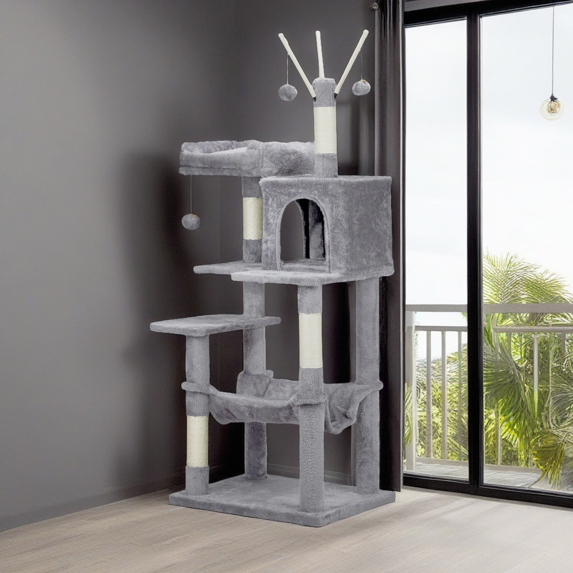 Pefilos 58" Cat Tree Tower for Indoor Cats, Cat House with Padded Platform Bed, Toy Balls, Large Cozy Condo, Hammocks and Sisal Scratching Posts, Light Gray Pefilos 58" Cat Tree Tower for Indoor Cats, Cat House with Padded Platform Bed, Toy Balls, Large Cozy Condo, Hammocks and Sisal Scratching Posts, Light Gray