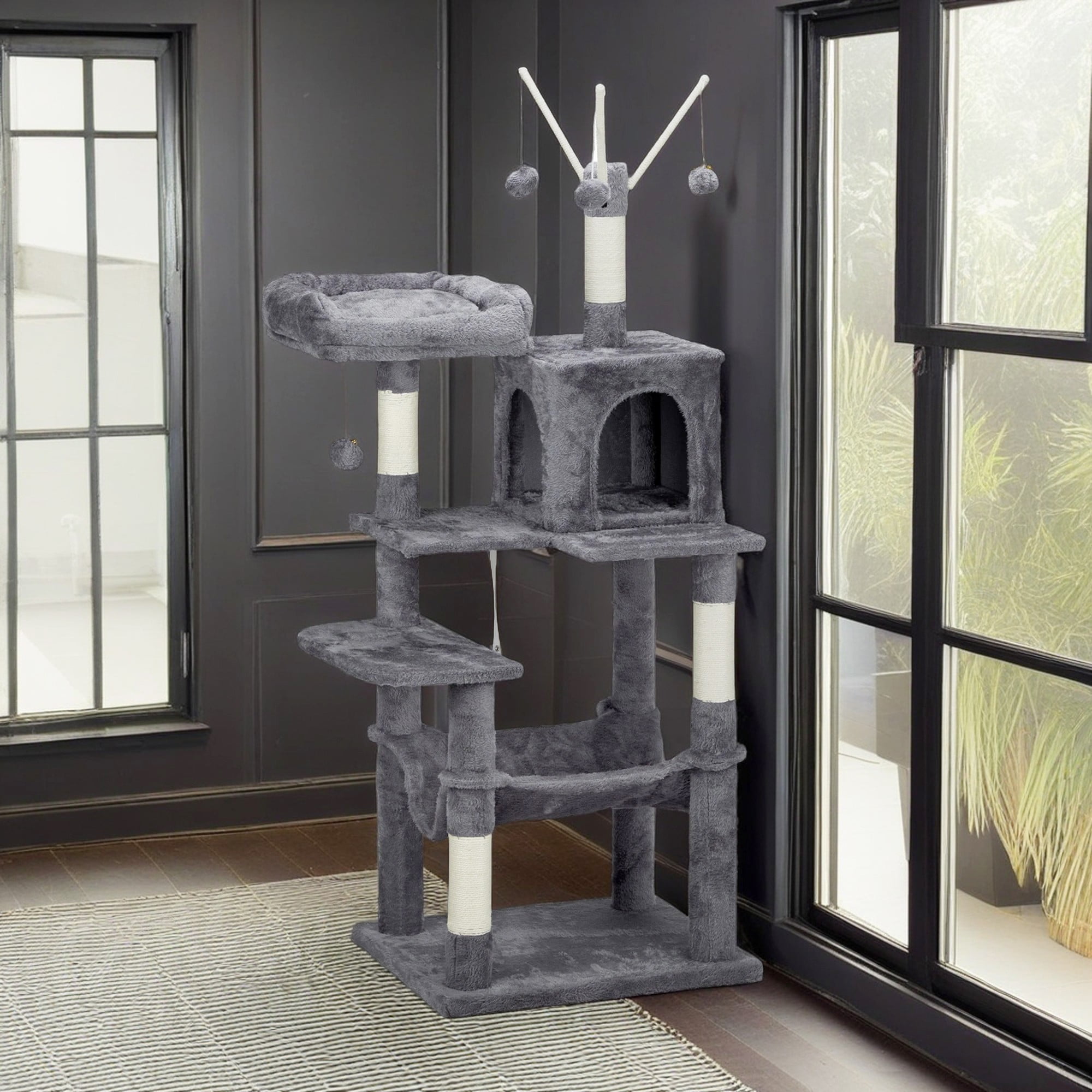 Pefilos 58" Large Cat Tree Tower, Cat Tree House for Indoor Cats with Padded Platform Bed, Toy Balls, Cozy Condo and Sisal Scratching Posts, Dark Gray Pefilos 58" Large Cat Tree Tower, Cat Tree House for Indoor Cats with Padded Platform Bed, Toy Balls, Cozy Condo and Sisal Scratching Posts, Dark Gray
