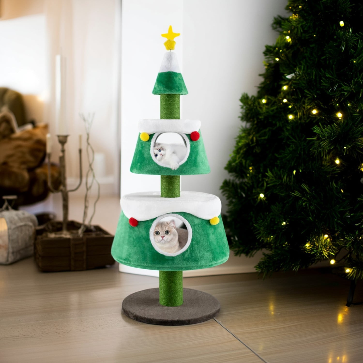 Pefilos 60" Tall Christmas Cat Tree Tower for Indoor Cats, Multi-Level Cute Holiday Cat Tree Play House with 2 Condos, Green