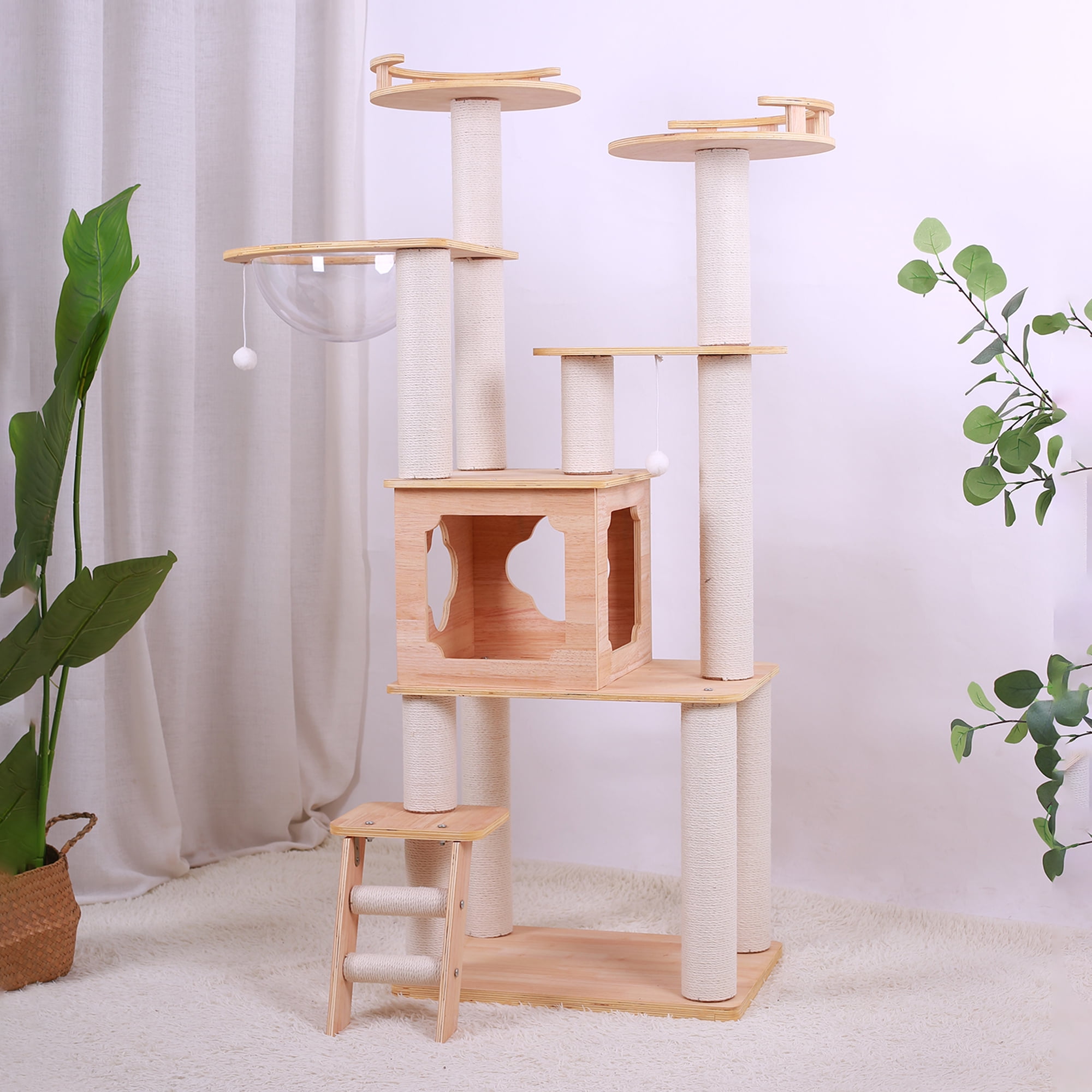 Pefilos 58" Modern Wooden Cat Tree Tower for Indoor Cats, Multi-Level Sturdy Cat Tree Play House Condo with Space Capsule, Beige Pefilos 58" Modern Wooden Cat Tree Tower for Indoor Cats, Multi-Level Sturdy Cat Tree Play House Condo with Space Capsule, Beige