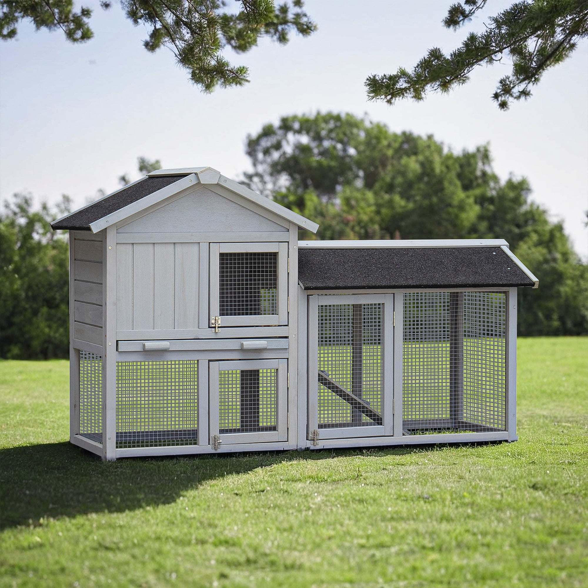 Pefilos 58" Wood Rabbit Cage Bunny Hutch with Run, Outdoor Pet House for Small Animals, Gray Pefilos 58" Wood Rabbit Cage Bunny Hutch with Run, Outdoor Pet House for Small Animals, Gray