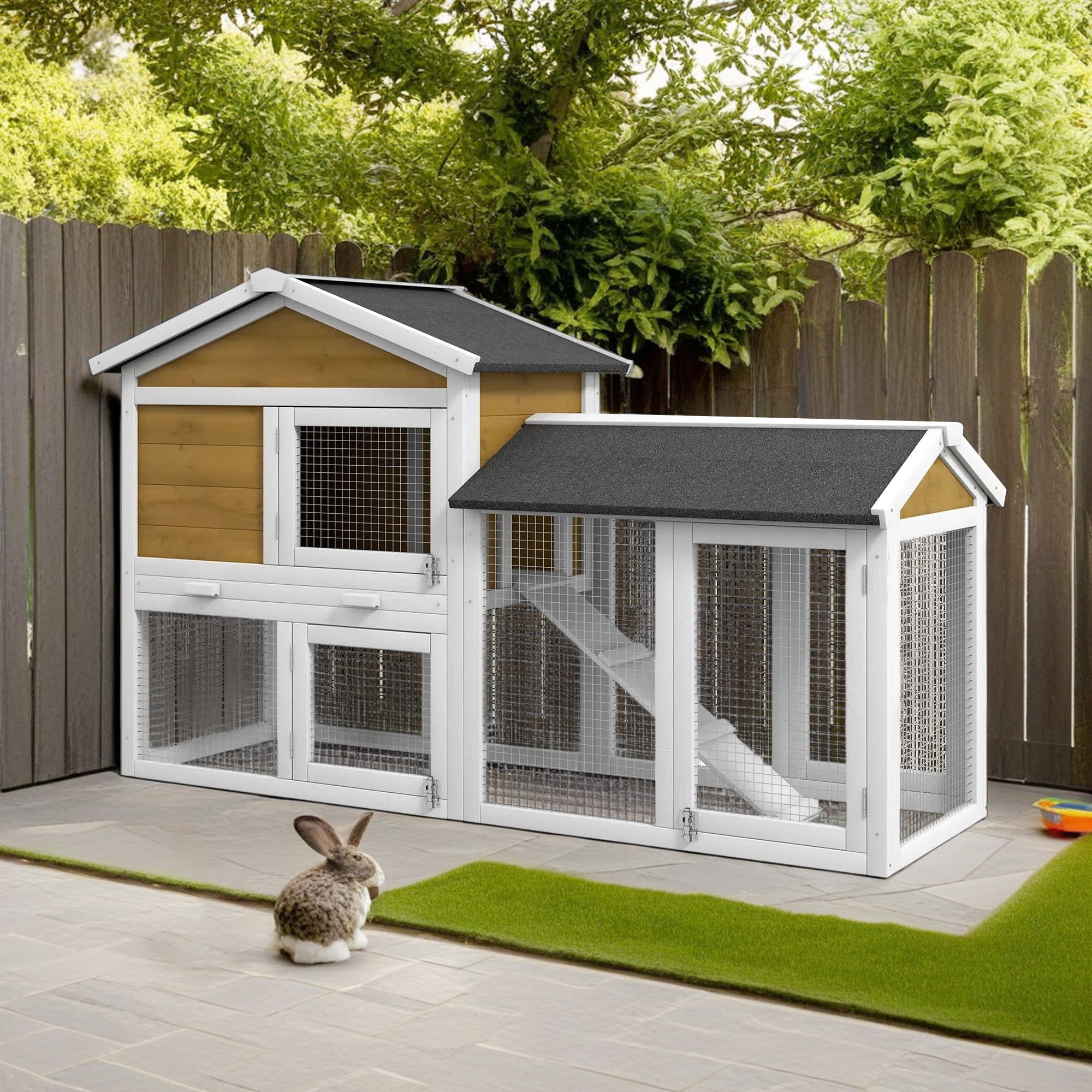 Pefilos 58" Wood Rabbit Hutch for Outdoor, Large Bunny Cages for Indoor with Run, Removable Tray, Asphalt Roof, Small Animal House Pet Cage, Brown