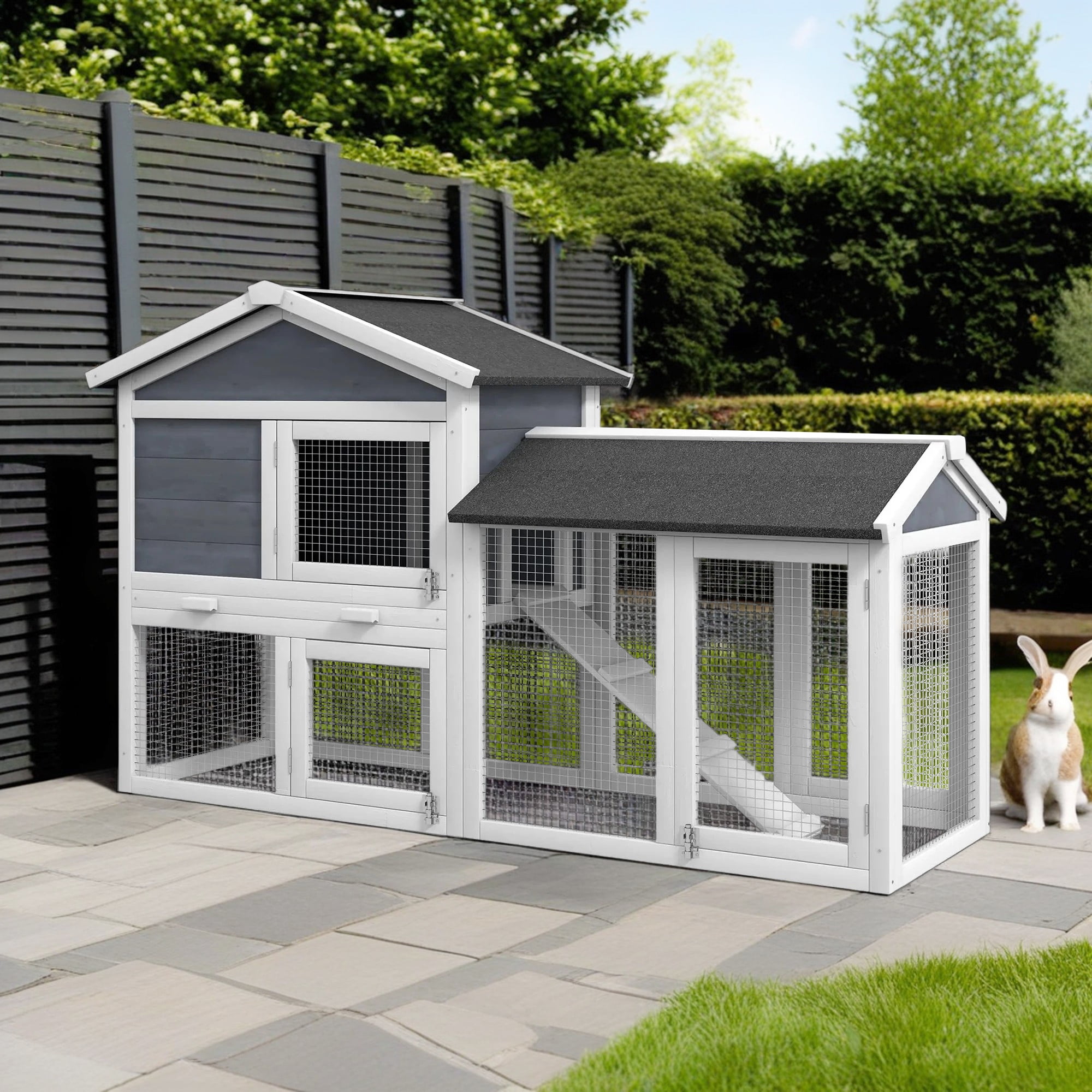 Pefilos 58" Wood Rabbit Hutch for Outdoor, Large Bunny Cages for Indoor with Run, Removable Tray, Asphalt Roof, Small Animal House Pet Cage, Gray