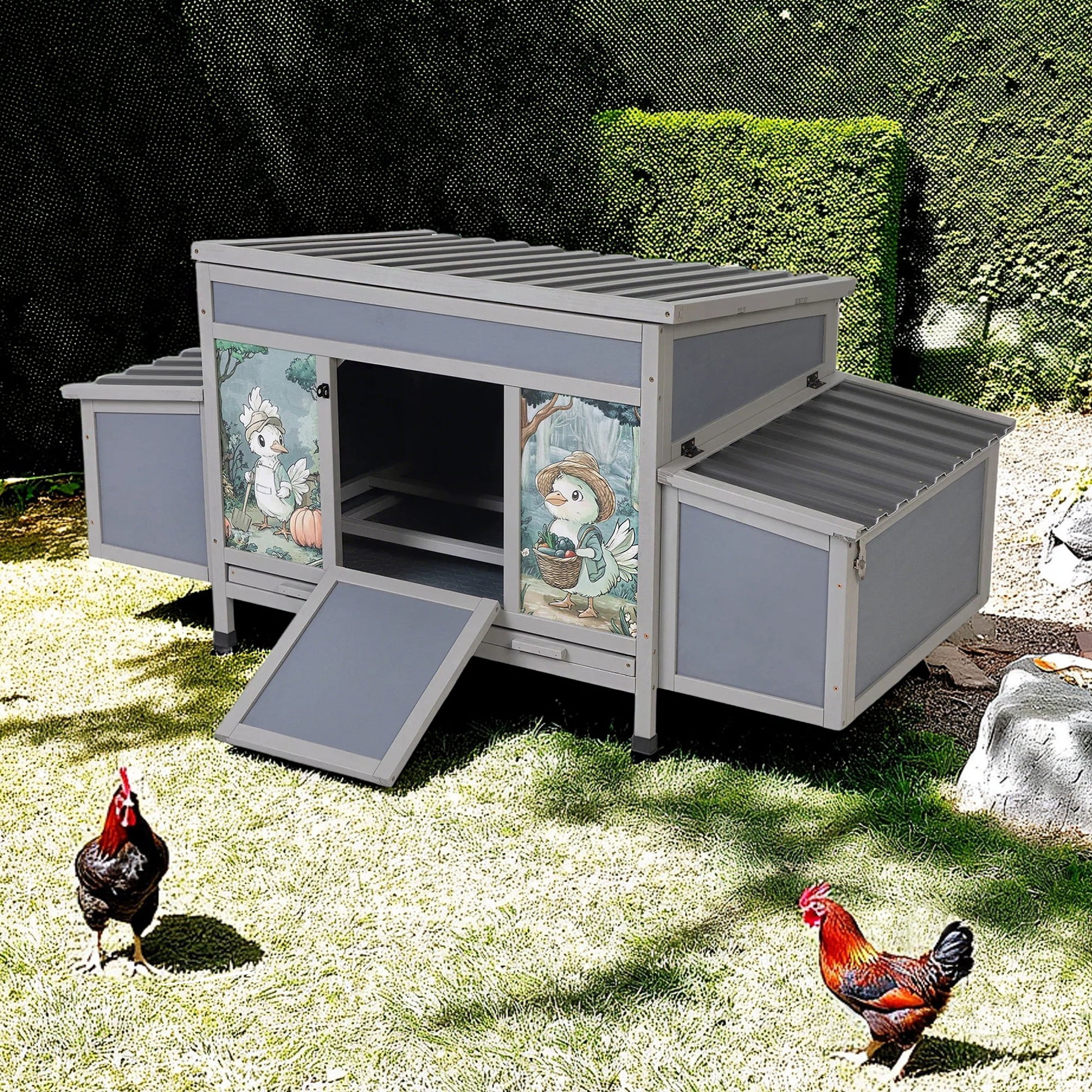Pefilos 58" Wooden Rabbit Hutch Outdoor & Waterproof Guinea Pig Hutch with Egg Carton and Pull-Out Drawer, Gray
