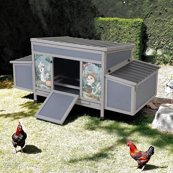 Pefilos 58" Wooden Rabbit Hutch Outdoor & Waterproof Guinea Pig Hutch with Egg Carton and Pull-Out Drawer, Gray