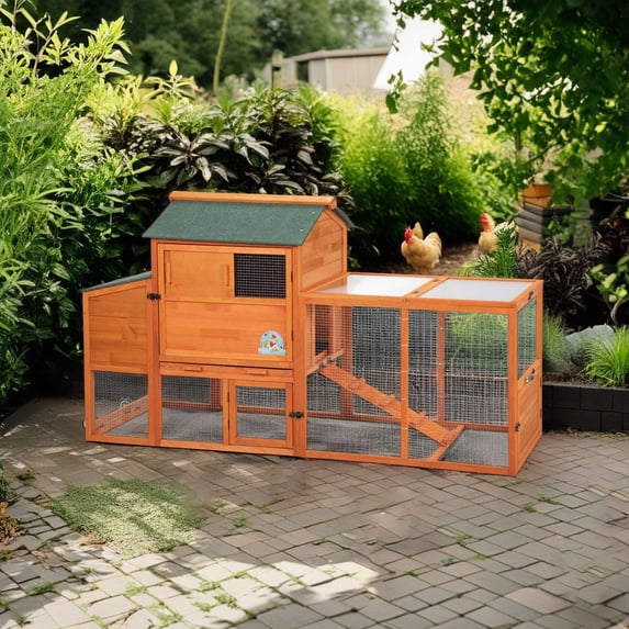 Pefilos 82" Outdoor Wooden Chicken Coop with Nest Boxes, 2-Tier Large Rabbit Hutch for Indoor, Movable Hen House with Tray, Run, Sun Board Roof, Orange