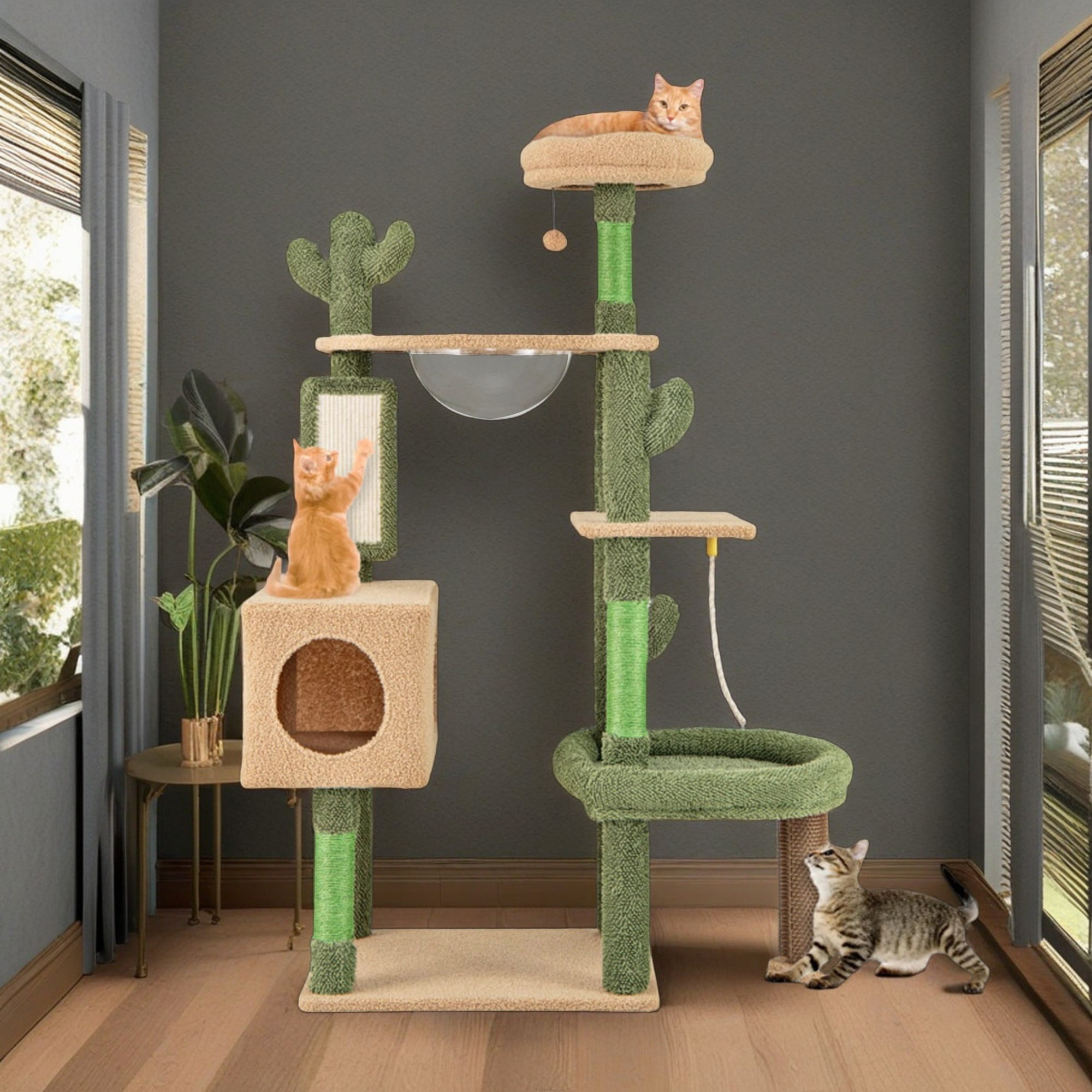 Pefilos 59" Cactus Cat Tree Tower for Indoor Cats, Multi-Level Cat Condo, Cat Tree House with Space Capsule, Sisal Scratching Posts and Board, Green Pefilos 59" Cactus Cat Tree Tower for Indoor Cats, Multi-Level Cat Condo, Cat Tree House with Space Capsule, Sisal Scratching Posts and Board, Green