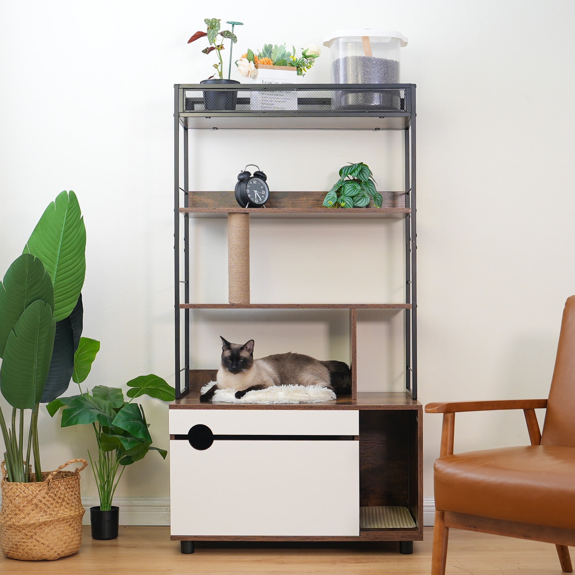 Pefilos 59" Cat Litter Box Enclosure Furniture with Shelves, Hidden Litter Box with Scratching Posts, litter box furniture ,Wooden Cat Tree Tower, Brown Pefilos 59" Cat Litter Box Enclosure Furniture with Shelves, Hidden Litter Box with Scratching Posts, litter box furniture ,Wooden Cat Tree Tower, Brown