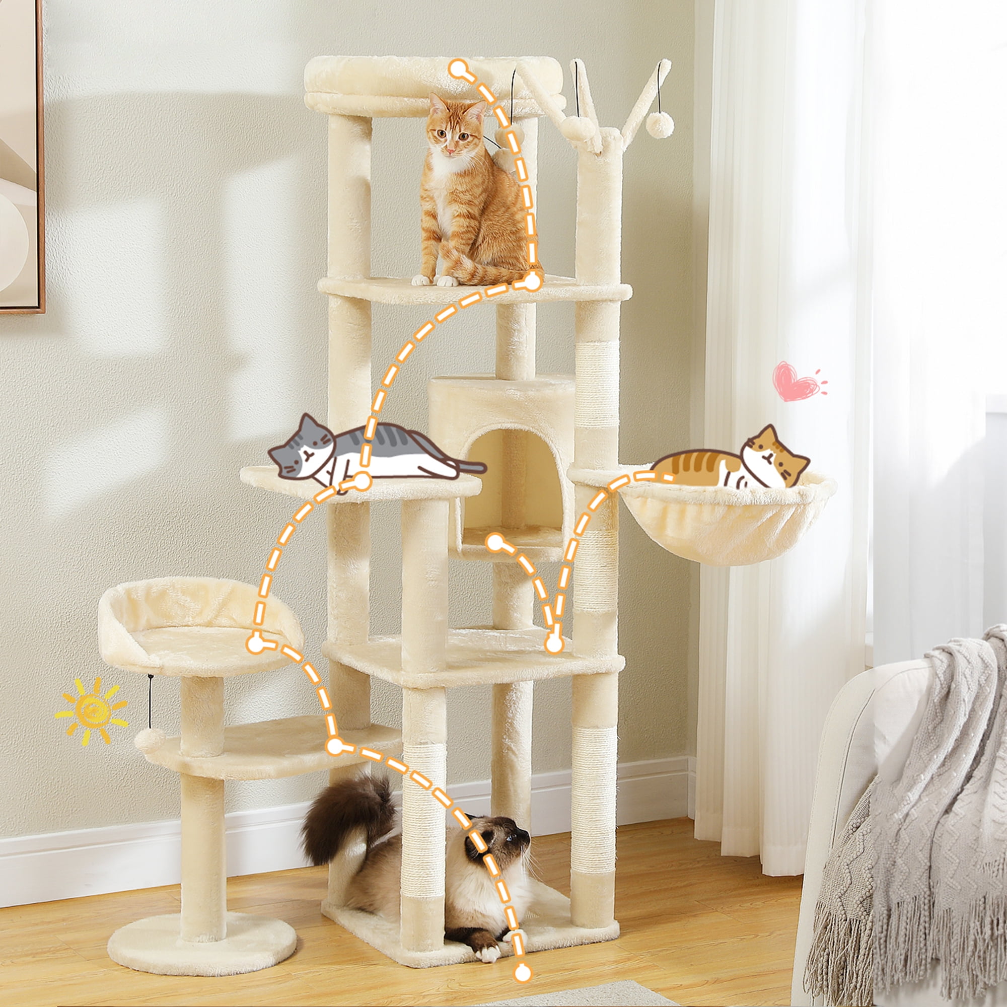 Pefilos 59 Cat Tree Tower for Indoor Cats Multi Level Cat Condo with 3 Removable Pompom Sticks Cat Tree House with Hammock Scratching Post and 2
