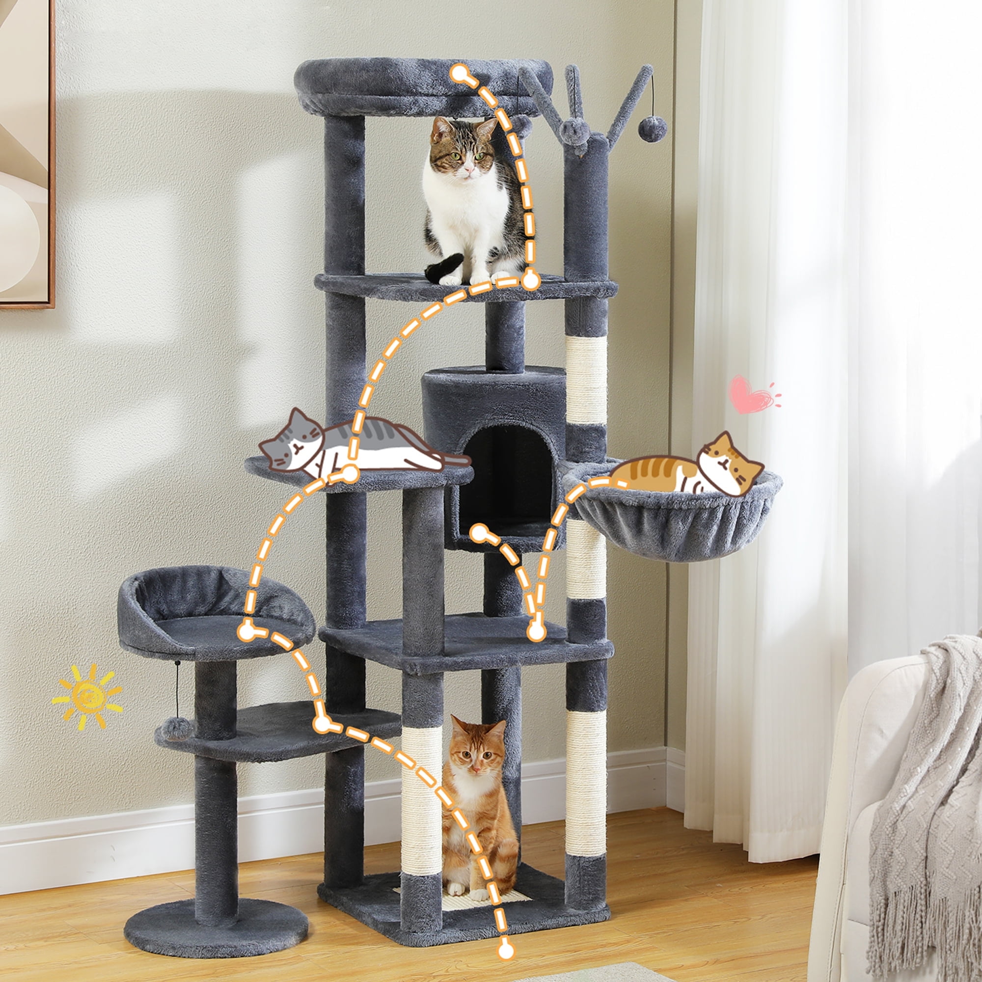Pefilos 59" Cat Tree Tower for Indoor Cats, Multi-Level Cat Condo with 3 Removable Pompom Sticks, Cat Tree House with Hammock, Scratching Post, and 2 Perches, Dark Gray Pefilos 59" Cat Tree Tower for Indoor Cats, Multi-Level Cat Condo with 3 Removable Pompom Sticks, Cat Tree House with Hammock, Scratching Post, and 2 Perches, Dark Gray
