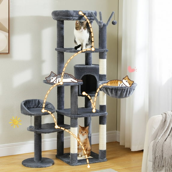 Pefilos 59" Cat Tree Tower for Indoor Cats, Multi-Level Cat Condo with 3 Removable Pompom Sticks, Cat Tree House with Hammock, Scratching Post, and 2 Perches, Dark Gray