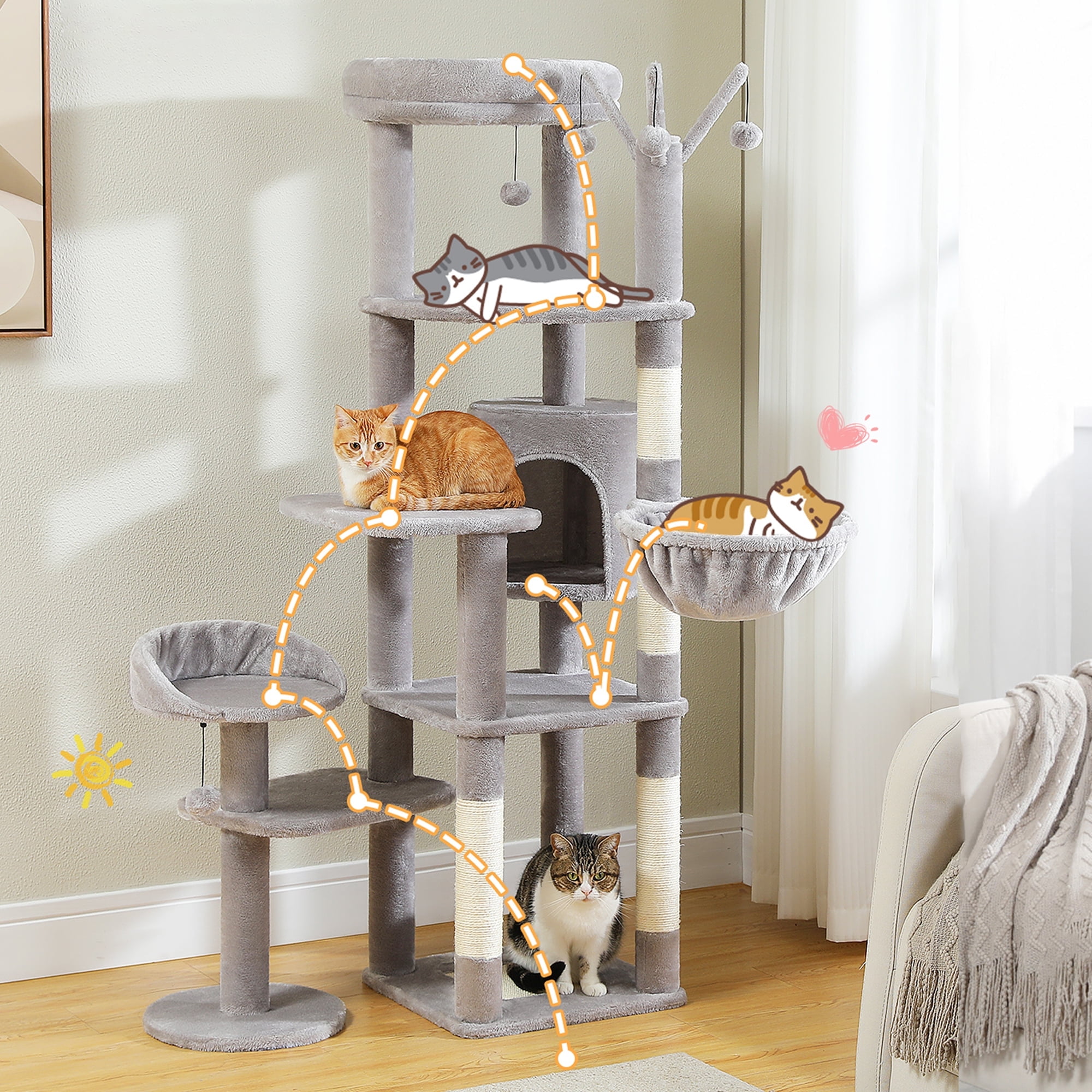 Pefilos 59" Cat Tree Tower for Indoor Cats, Multi-Level Cat Condo with 3 Removable Pompom Sticks, Cat Tree House with Hammock, Scratching Post, and 2 Perches, Gray Pefilos 59" Cat Tree Tower for Indoor Cats, Multi-Level Cat Condo with 3 Removable Pompom Sticks, Cat Tree House with Hammock, Scratching Post, and 2 Perches, Gray