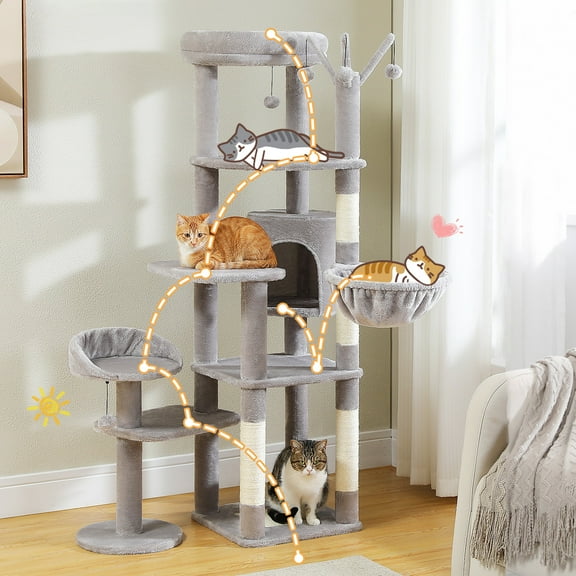 Pefilos 59" Cat Tree Tower for Indoor Cats, Multi-Level Cat Condo with 3 Removable Pompom Sticks, Cat Tree House with Hammock, Scratching Post, and 2 Perches, Gray