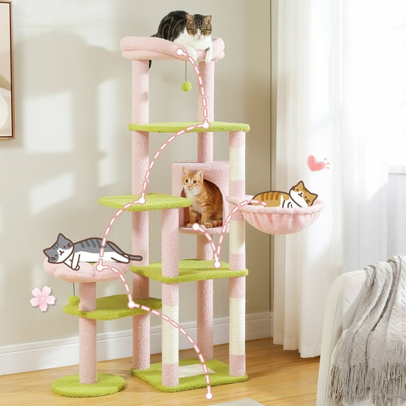 Pefilos 59" Cat Tree Tower for Indoor Cats, Multi-Level Cat Condo with 3 Removable Pompom Sticks, Cat Tree House with Hammock, Scratching Post, and 2 Perches, Pink