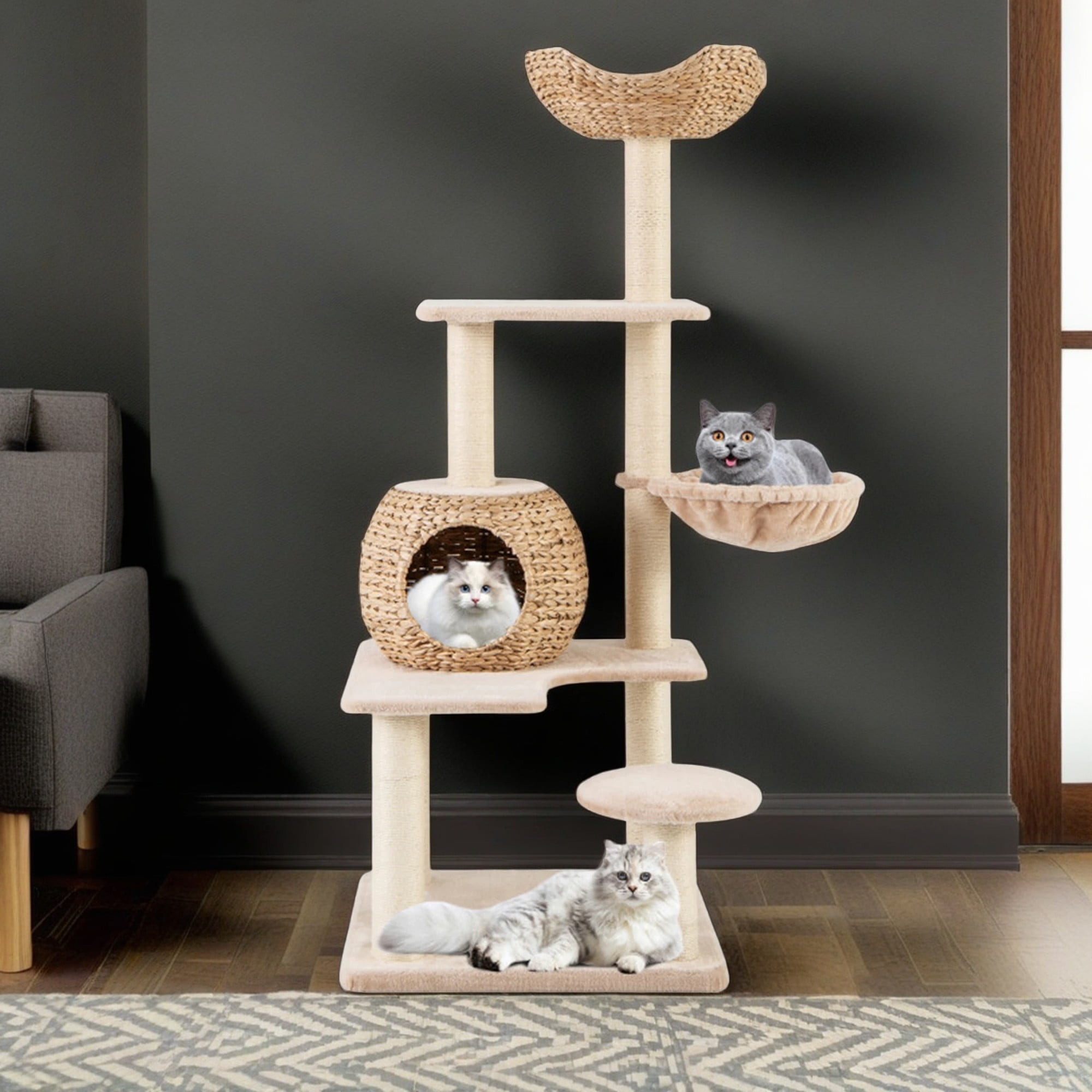 Pefilos 59" Cat Tree Tower for Indoor Cats, Cat Condo for Large Cats, Modern Cat Tree House Manual Hand Woven with Sisal, Cat Scratching Post, Beige Pefilos 59" Cat Tree Tower for Indoor Cats, Cat Condo for Large Cats, Modern Cat Tree House Manual Hand Woven with Sisal, Cat Scratching Post, Beige