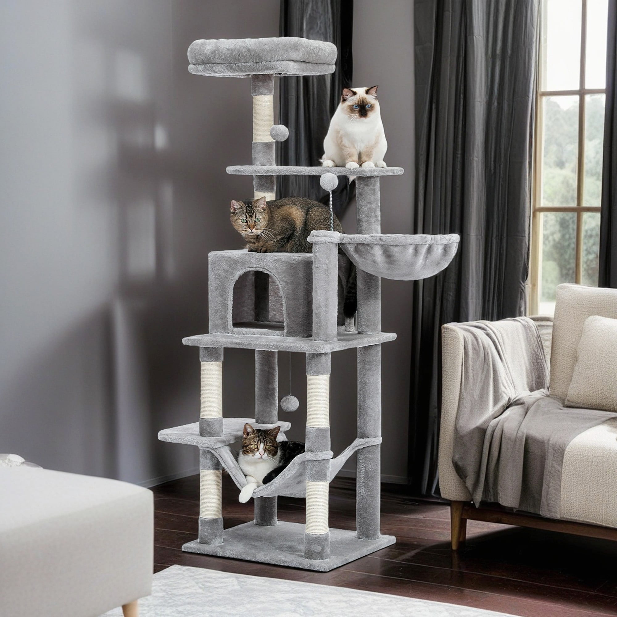 Pefilos 59" Cat Tree Tower for Indoor Cats, Plush Multi-Level Cat Condo with 6 Scratching Posts, Perches, Caves, Hammock, Gray Pefilos 59" Cat Tree Tower for Indoor Cats, Plush Multi-Level Cat Condo with 6 Scratching Posts, Perches, Caves, Hammock, Gray