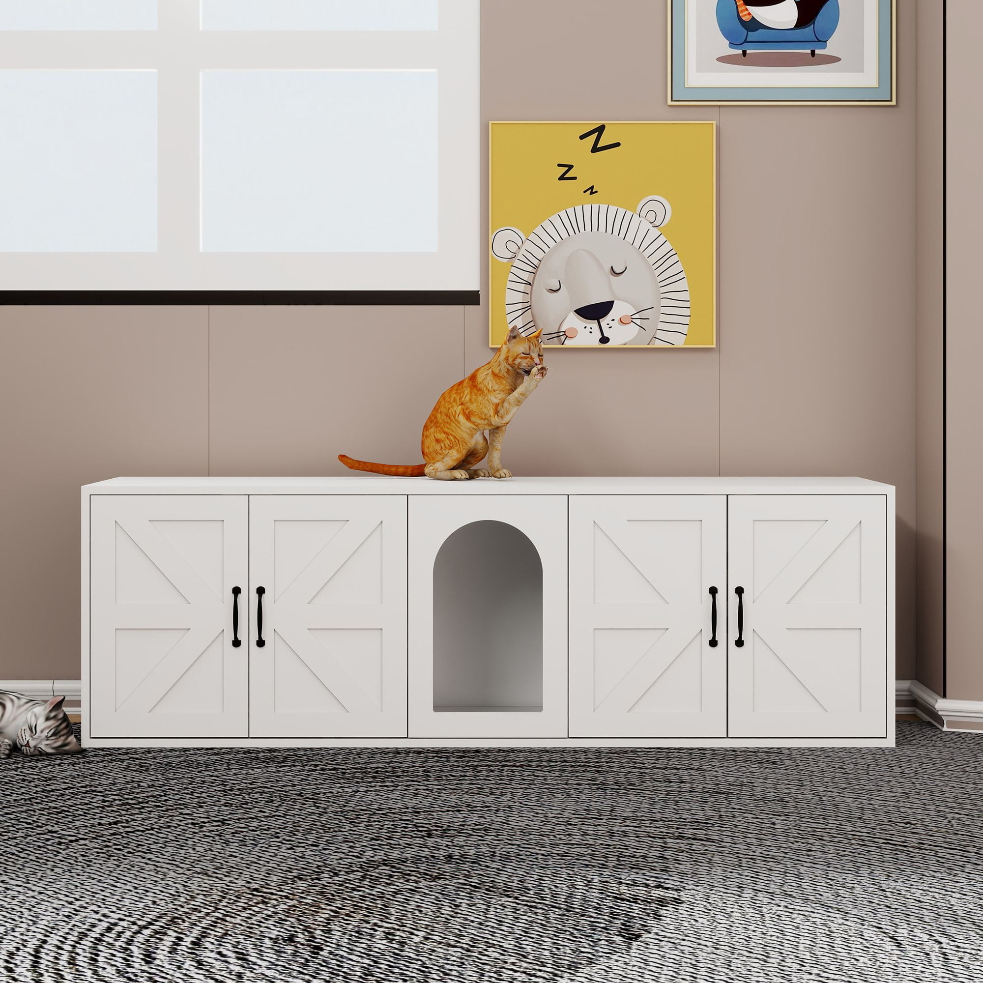 Pefilos 59" Double Cat Litter Box Enclosure, Litter Box Furniture Hidden with Double Room, Indoor Cat House with Cat Door, White