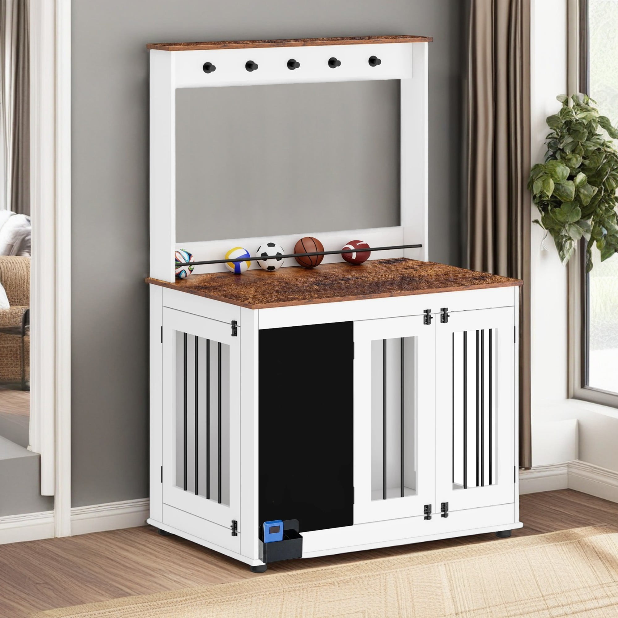 Pefilos 59" Furniture Style Dog Crate for Medium Large Dogs, Modern Indoor Dog Kennel with Double Doors, Wood Dog Cage House, White Pefilos 59" Furniture Style Dog Crate for Medium Large Dogs, Modern Indoor Dog Kennel with Double Doors, Wood Dog Cage House, White
