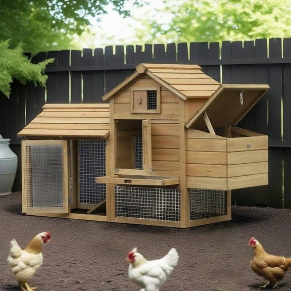 Pefilos 59" Large Chicken Coop Rabbit Hutch, Outdoor Wooden Pet Bunny House Hen Cage, Crib for 2 Rabbits Chicken Nesting Box, Beige