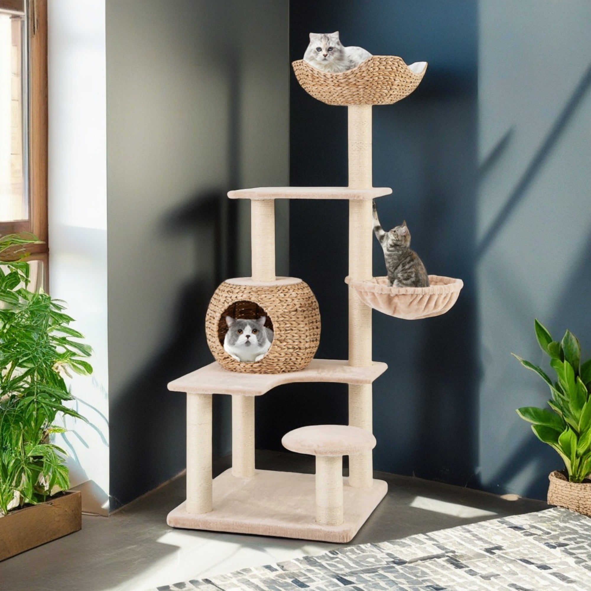 Pefilos 59" Modern Cat Tree Tower for Indoor Cats w/Natural Sisal Scratching Posts, Hand-Woven Condo and Top Perch, Cat Tree House for Kittens Climb Play, Beige Pefilos 59" Modern Cat Tree Tower for Indoor Cats w/Natural Sisal Scratching Posts, Hand-Woven Condo and Top Perch, Cat Tree House for Kittens Climb Play, Beige