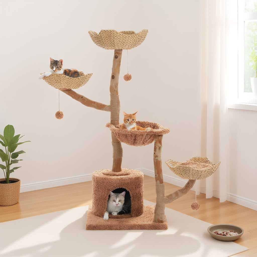 Pefilos 59" Modern Cat Tree Tower with 2 Flower Perches, Condo, Wicker Basket Bed, Boho Cat Furniture with Real Branch Scratching Post, Brown