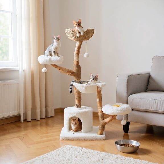 Pefilos 59" Modern Cat Tree Tower with 2 Flower Perches, Condo, Wicker Basket Bed, Boho Cat Furniture with Real Branch Scratching Post, White