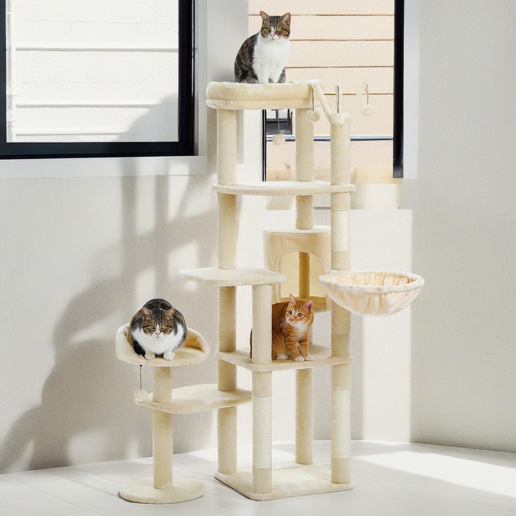 Beige Multi-Level Cat Tree Tower with Hammock and Scratching Posts
