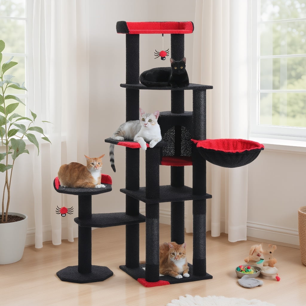 Pefilos 59" Multi-Level Cat Tree House with Large Hammock, Scratching Post, 2 Perches, Cat Tower with 3 Removable Pompom Sticks, Cat Condo, Black