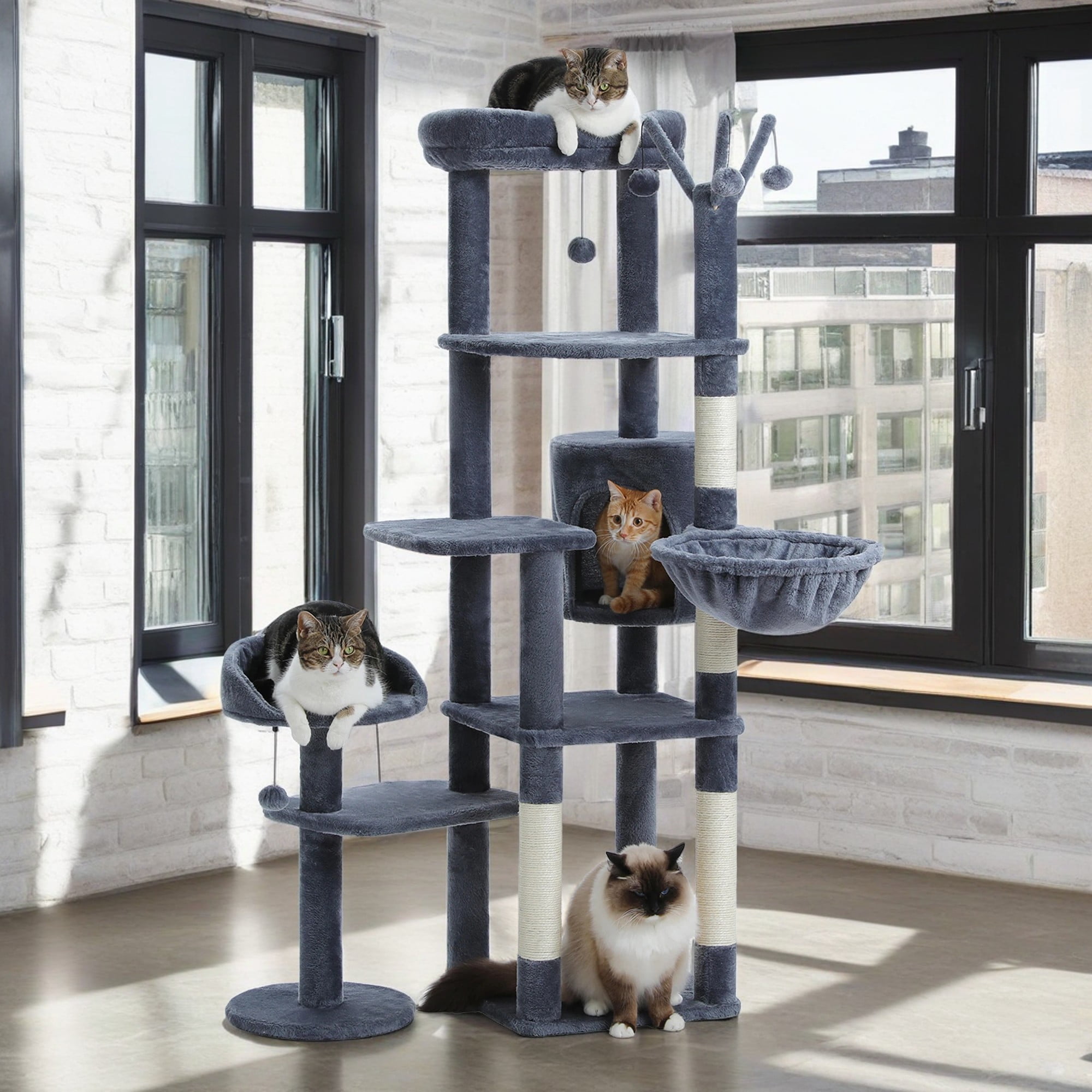 Pefilos 59" Multi-Level Cat Tree House with Large Hammock, Scratching Post, 2 Perches, Cat Tower with 3 Removable Pompom Sticks, Cat Condo, Dark Gray Pefilos 59" Multi-Level Cat Tree House with Large Hammock, Scratching Post, 2 Perches, Cat Tower with 3 Removable Pompom Sticks, Cat Condo, Dark Gray