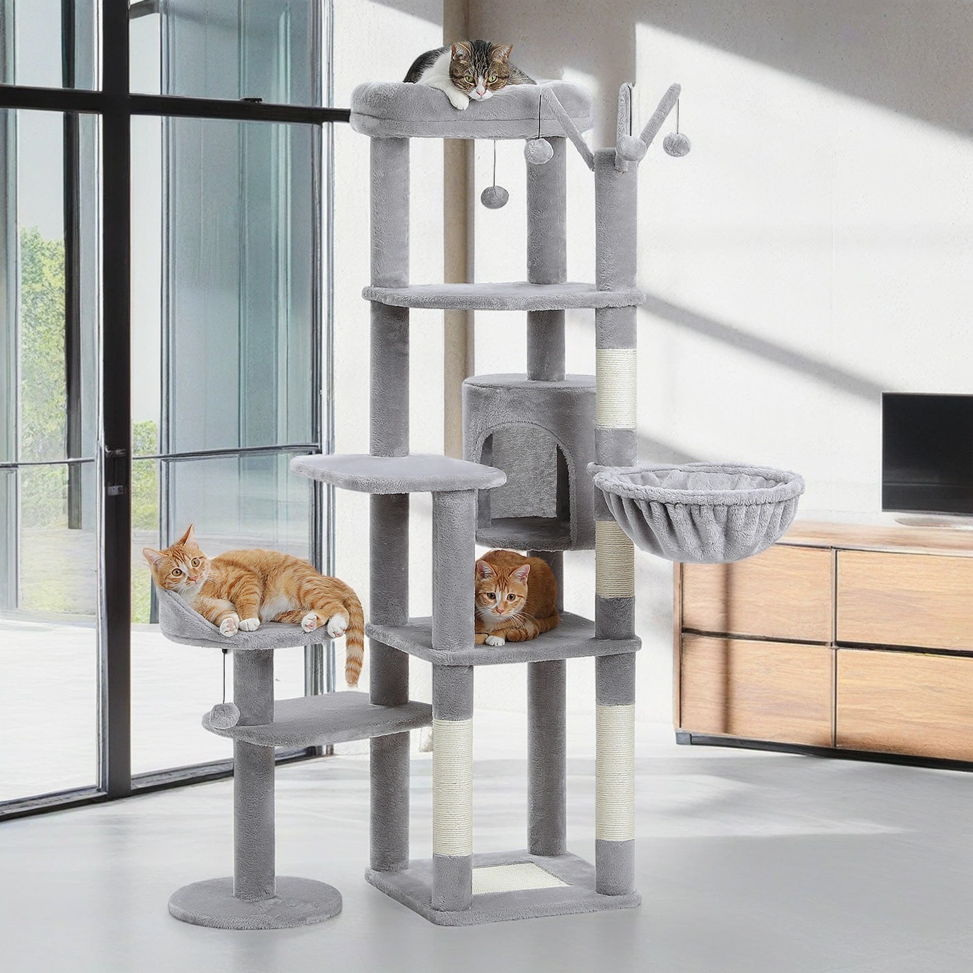 Pefilos 59" Multi-Level Cat Tree House with Large Hammock, Scratching Post, 2 Perches, Cat Tower with 3 Removable Pompom Sticks, Cat Condo, Gray Pefilos 59" Multi-Level Cat Tree House with Large Hammock, Scratching Post, 2 Perches, Cat Tower with 3 Removable Pompom Sticks, Cat Condo, Gray