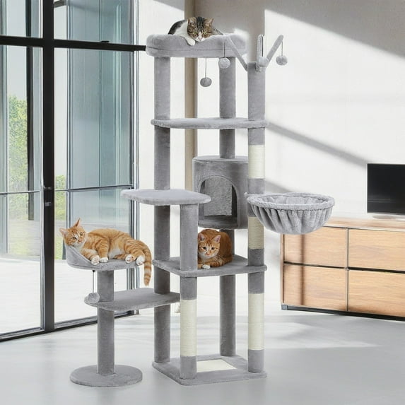 Pefilos 59" Multi-Level Cat Tree House with Large Hammock, Scratching Post, 2 Perches, Cat Tower with 3 Removable Pompom Sticks, Cat Condo, Gray