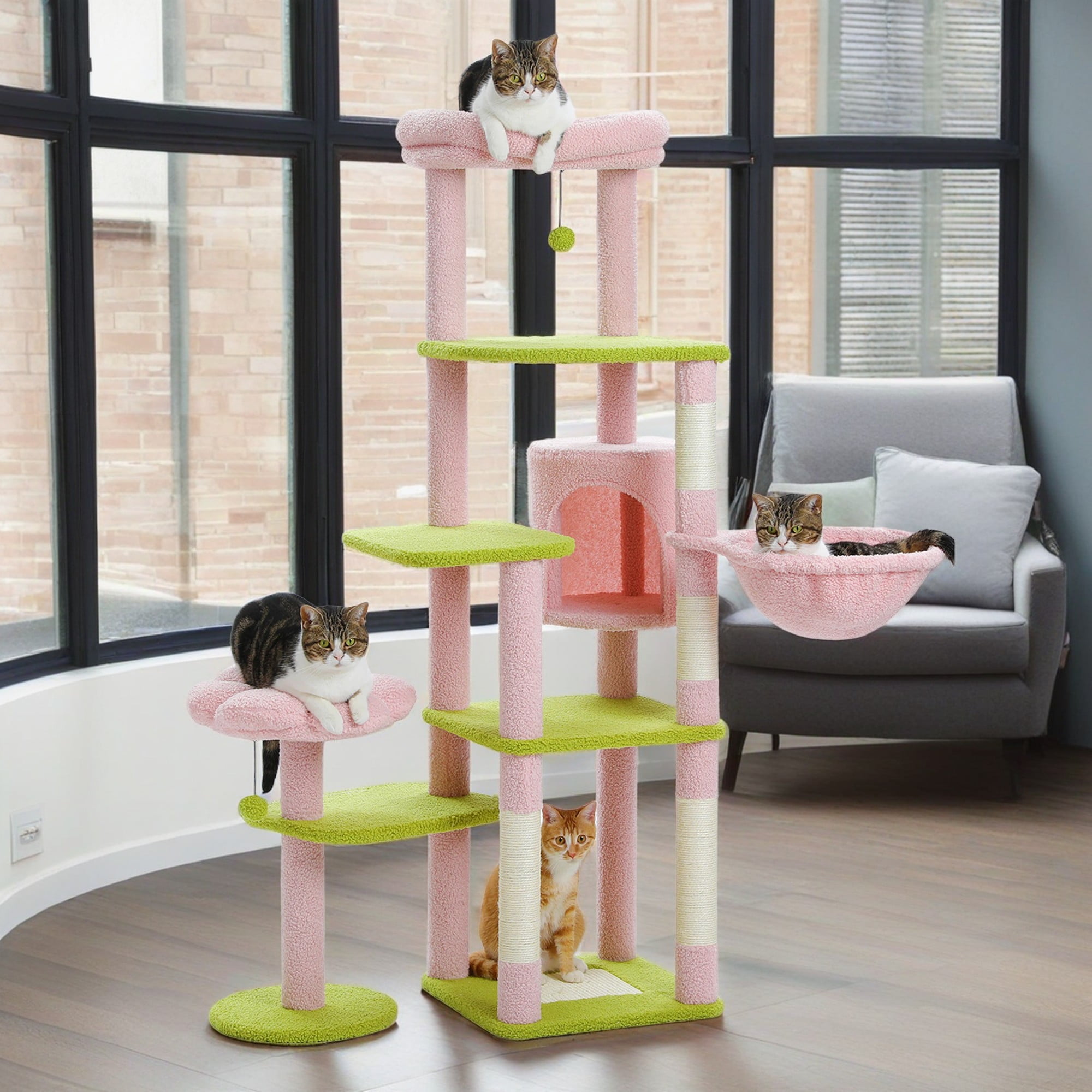 Pefilos 59" Multi-Level Cat Tree House with Large Hammock, Scratching Post, 2 Perches, Cat Tower with 3 Removable Pompom Sticks, Cat Condo, Pink Pefilos 59" Multi-Level Cat Tree House with Large Hammock, Scratching Post, 2 Perches, Cat Tower with 3 Removable Pompom Sticks, Cat Condo, Pink