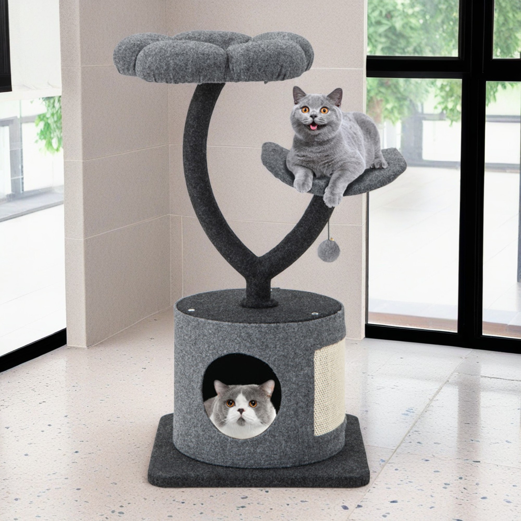 Pefilos 35" Cat Tree Tower, Small Cat Condo with Sisal Scratching Board, Curved Metal Supporting Frame Cat Tree House with Perch and Hanging Ball, Gray Pefilos 35" Cat Tree Tower, Small Cat Condo with Sisal Scratching Board, Curved Metal Supporting Frame Cat Tree House with Perch and Hanging Ball, Gray