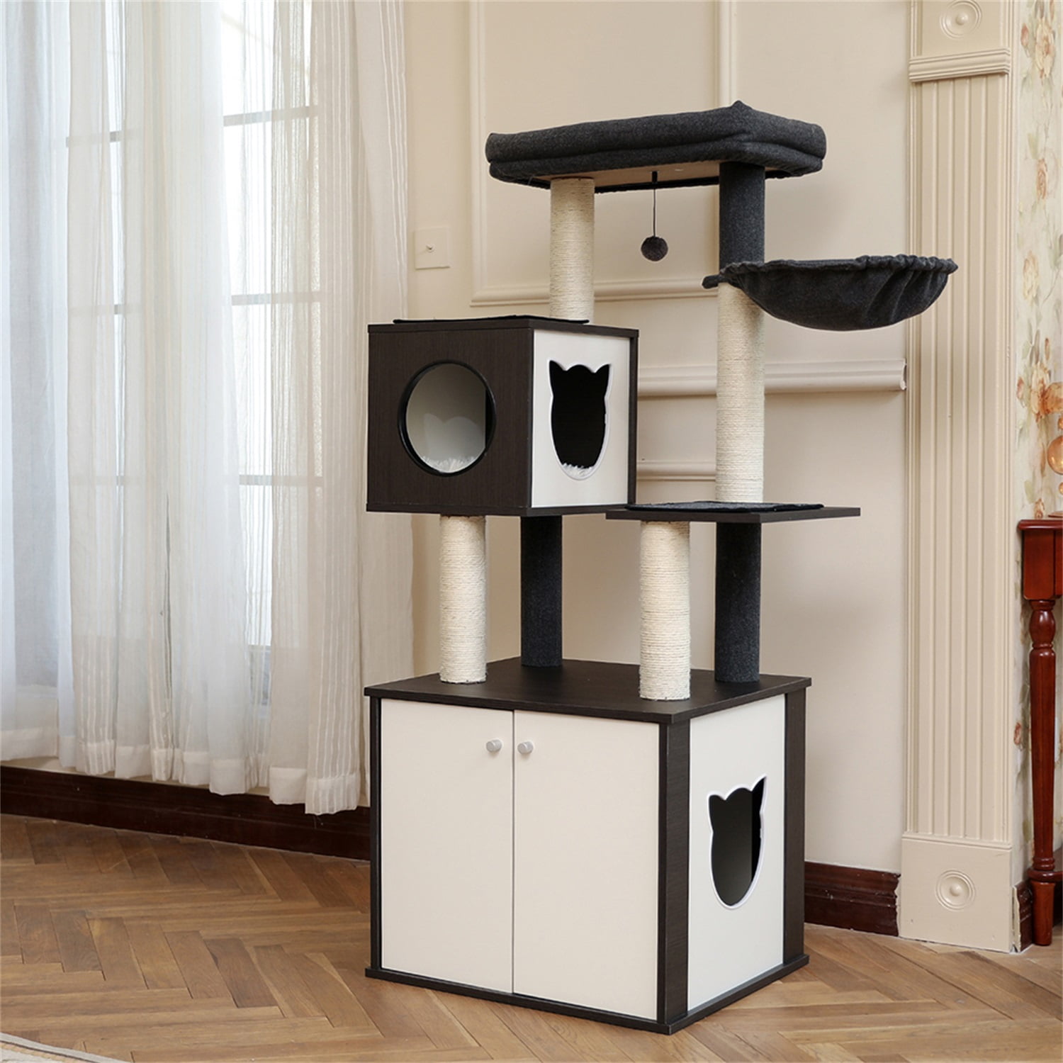 Pefilos 59β Multifunctional Cat Tree Tower for Indoor Cats with Little Box Cabinet, Modern Cat Condo for Large Cats, Wood Hidden Litter Box Furniture for Cat, Gray Pefilos 59β Multifunctional Cat Tree Tower for Indoor Cats with Little Box Cabinet, Modern Cat Condo for Large Cats, Wood Hidden Litter Box Furniture for Cat, Gray