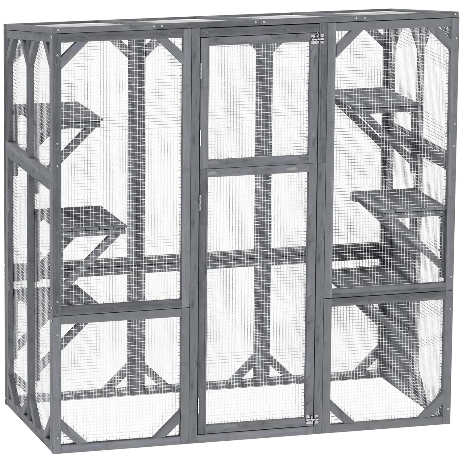 Pefilos 59" Outdoor Weatherproof Cat Cage with 6 Jumping Platforms, Wooden Catio House for 2-3 Kittens Cats, Indoor Cat Enclosure, Gray
