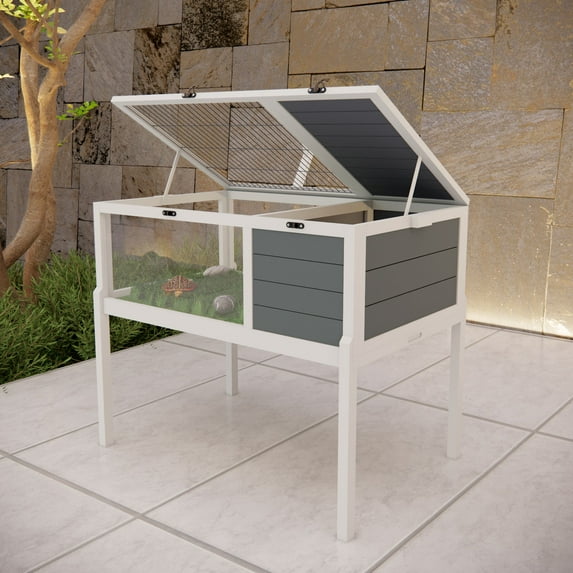 Pefilos 38" Tortoise Habitat for Indoor and Outdoor, Wooden Tortoise House with Detachable Legs, Reptile Cage for Small Animals, Gray