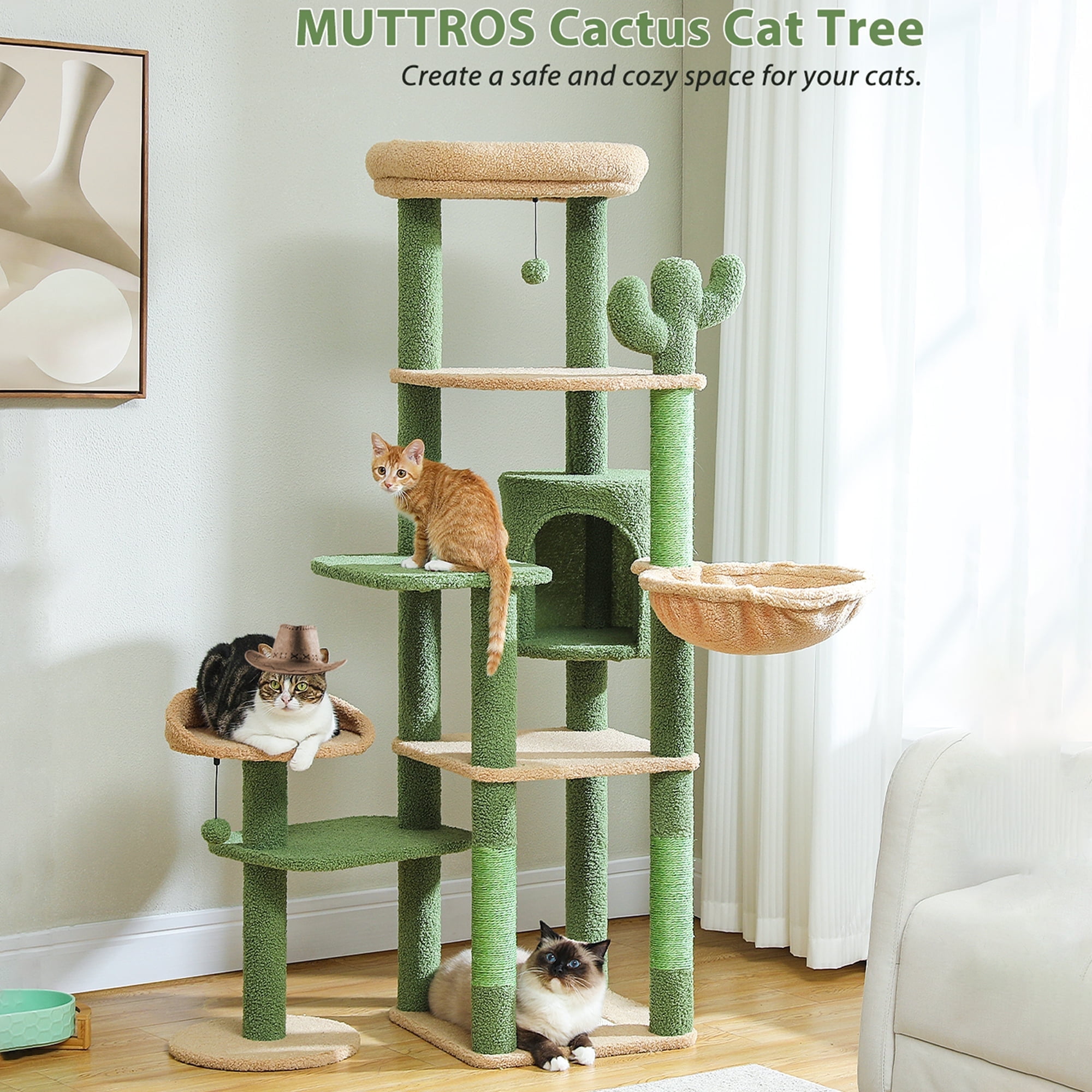 Pefilos 59" Tall Cactus Cat Tree Tower for Large Cats, Multi-Level Cat Condo with Large Hammock, Scratching Post and 2 Perches, Green